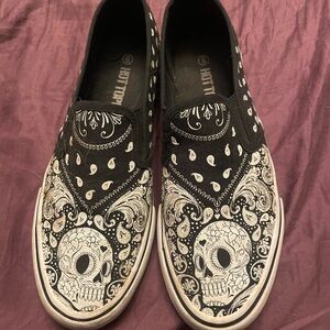 Hot Topic Black and White Skull Slip-On Shoes